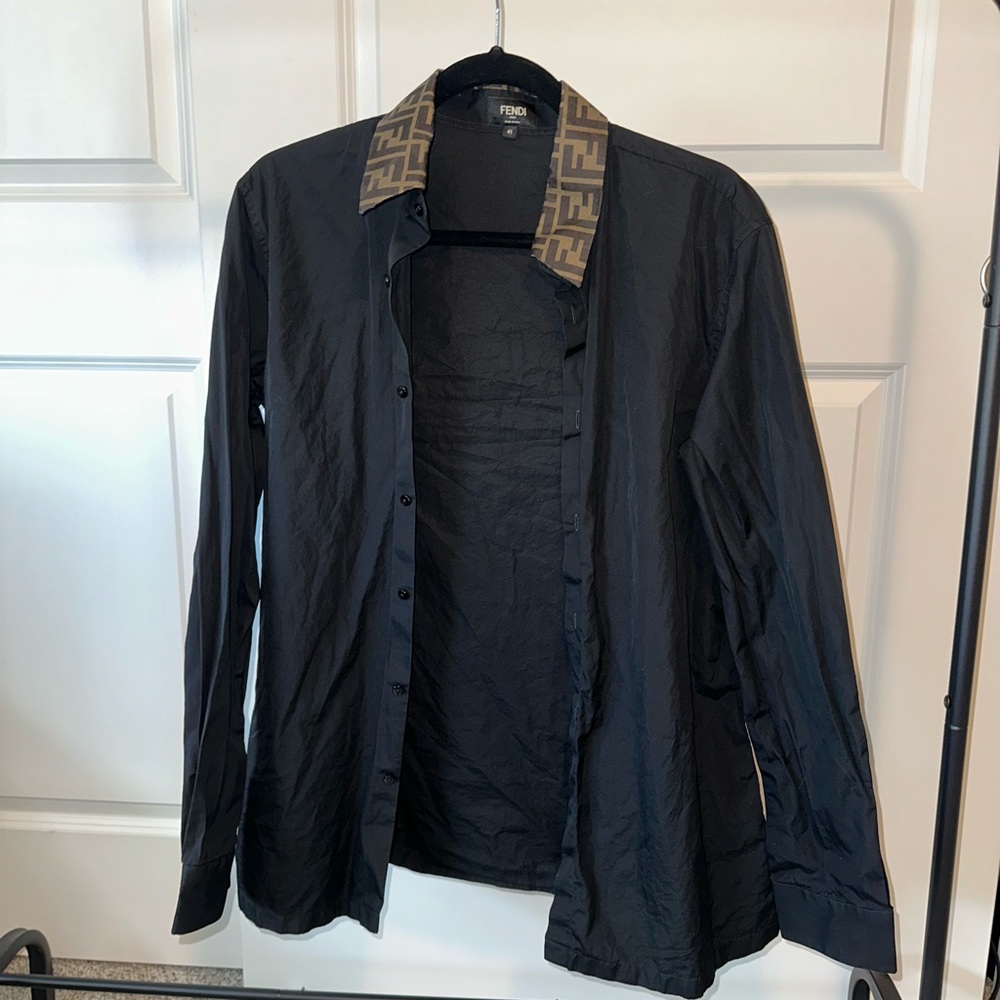 Fendi Black Shirt Jacket with Brown Collar